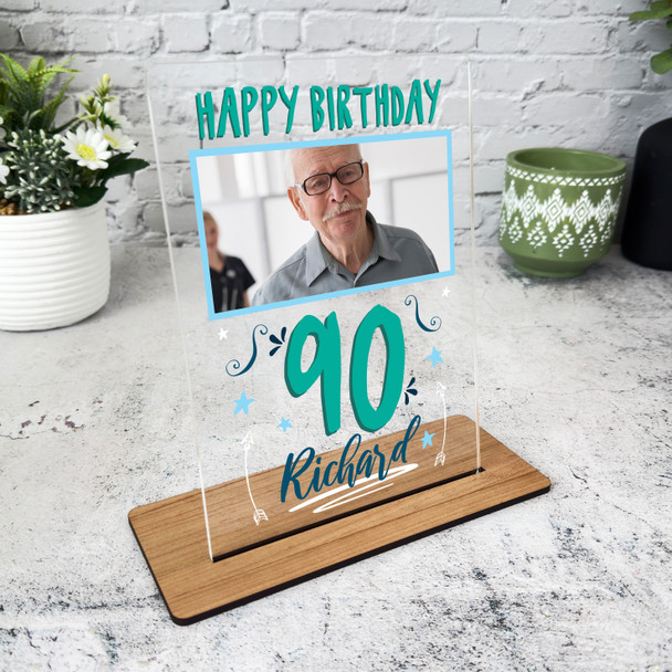 90th Birthday Gift Male Blue Photo Custom Personalised Gift Acrylic Plaque