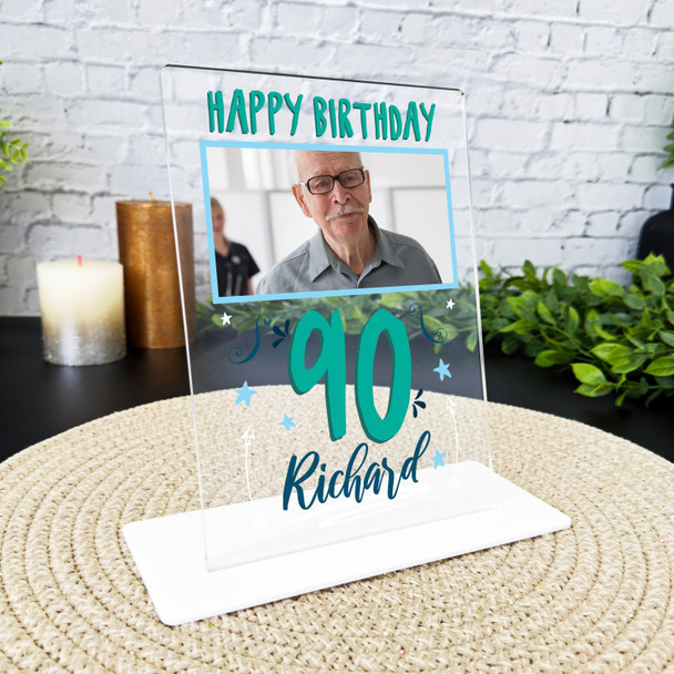 90th Birthday Gift Male Blue Photo Custom Personalised Gift Acrylic Plaque