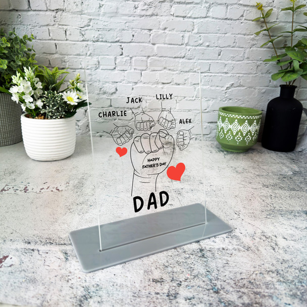 Fathers Day Gift Fist Four Small Hands Red Hearts Personalised Acrylic Plaque