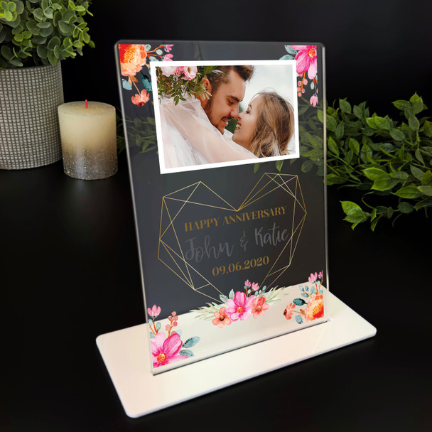 Happy Wedding Anniversary Gift Pink Flower Photo Personalised Acrylic Plaque