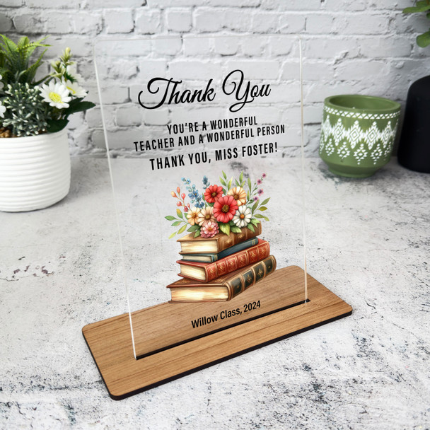 Thank You Gift Teacher Floral Vintage Books Personalised Acrylic Plaque