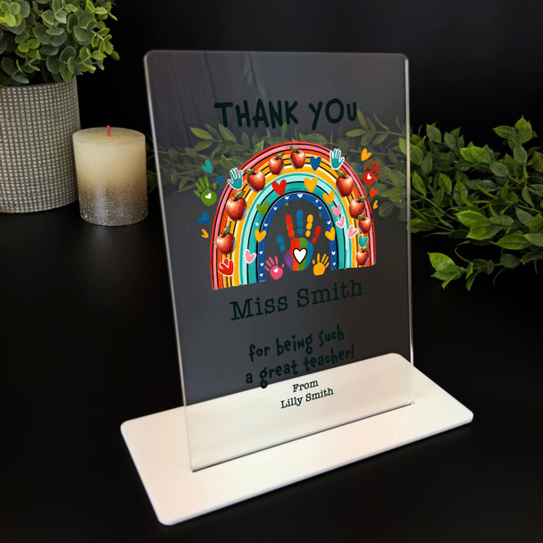 Thank You Teacher Gift Rainbow Hand Prints Personalised Acrylic Plaque