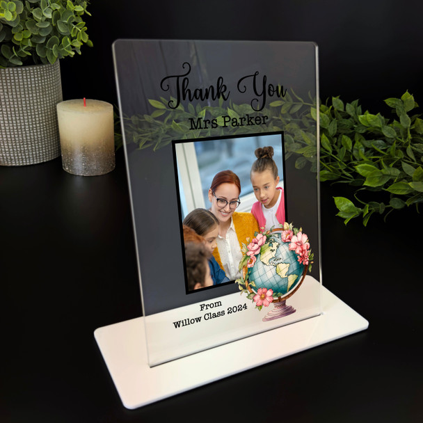 Thank You Teacher Gift Floral Globe Photo Personalised Acrylic Plaque