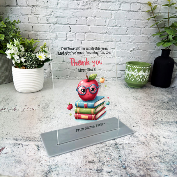 Thank You Teacher Gift Cute Apple Books Personalised Acrylic Plaque