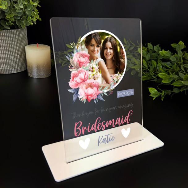 Thank You Bridesmaid Gift Wedding Pink Flower Photo Personalised Acrylic Plaque