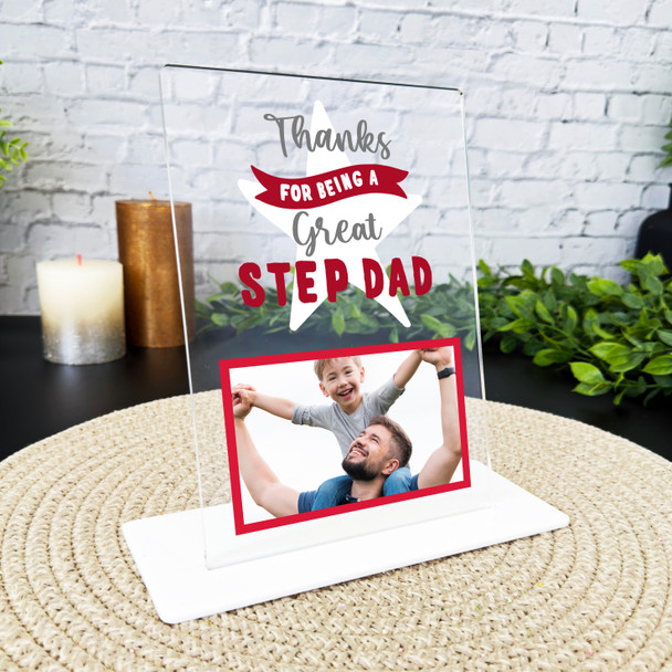 Thanks For Being A Great Step Dad Gift Red Photo Personalised Acrylic Plaque