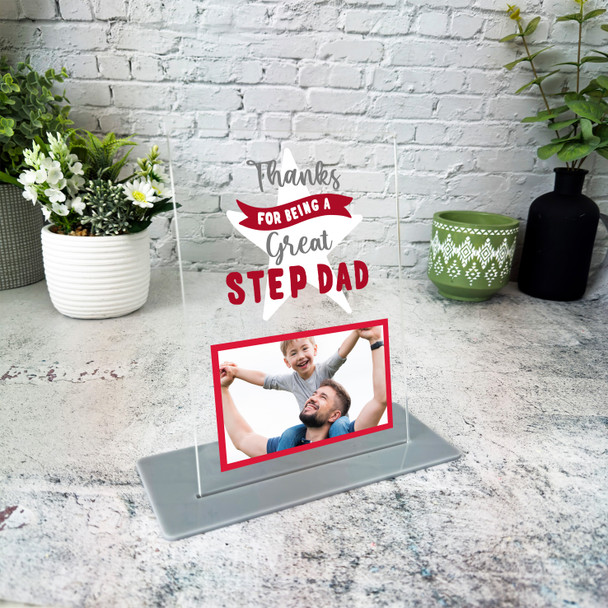 Thanks For Being A Great Step Dad Gift Red Photo Personalised Acrylic Plaque