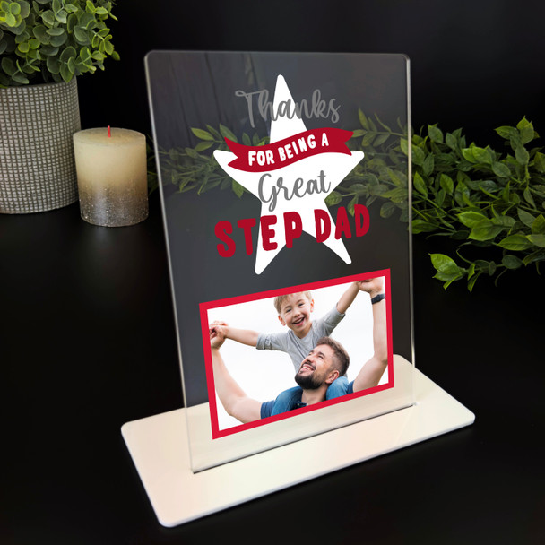 Thanks For Being A Great Step Dad Gift Red Photo Personalised Acrylic Plaque