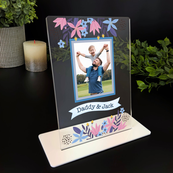 Gift For Dad Floral Blue Frame Photo Personalised Acrylic Plaque