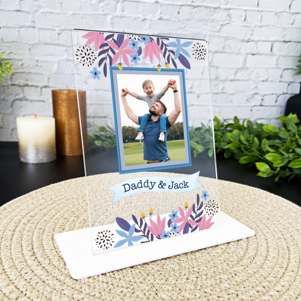 Gift For Dad Floral Blue Frame Photo Personalised Acrylic Plaque