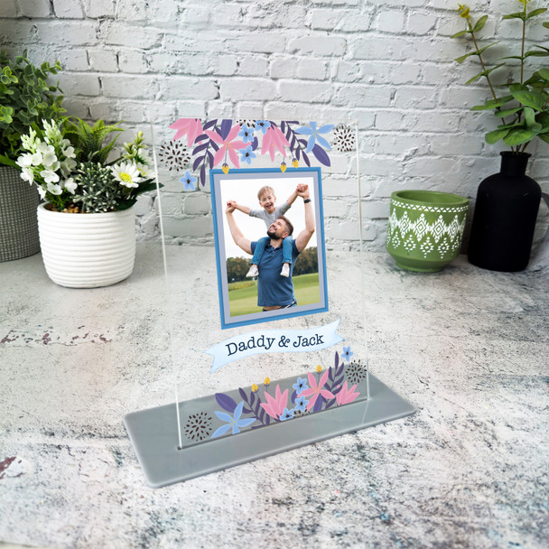 Gift For Dad Floral Blue Frame Photo Personalised Acrylic Plaque