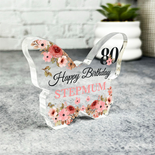 Stepmum 80th Watercolour Floral Birthday Present Butterfly Plaque Keepsake Gift