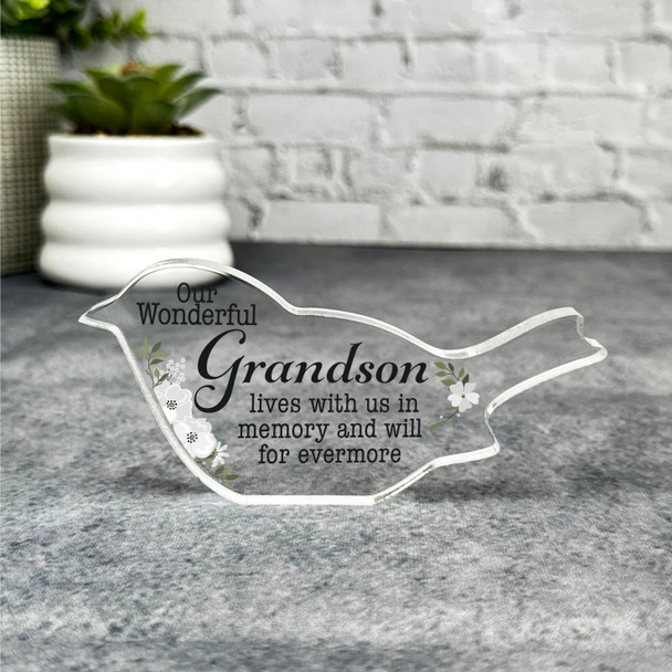 Grandson White Floral Robin Plaque Sympathy Gift Keepsake Memorial Gift