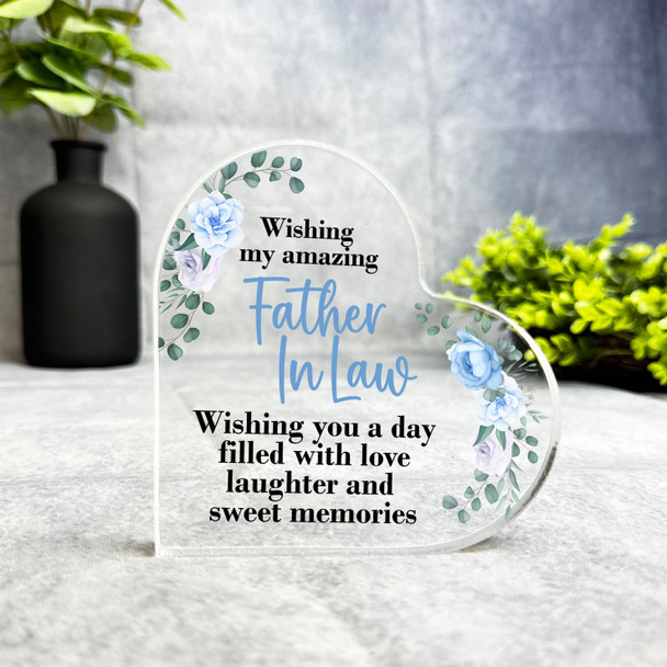 Father-In-Law Blue Floral Happy Birthday Present Heart Plaque Keepsake Gift