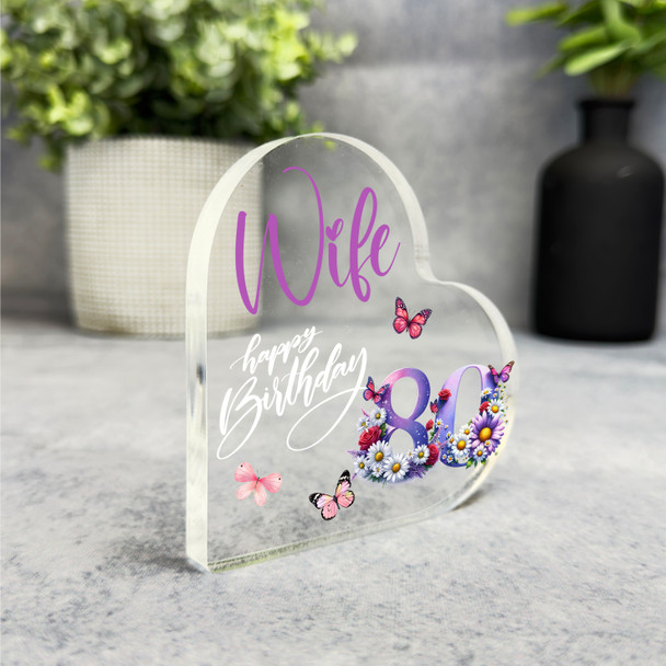 Wife 80th Birthday Present Purple Chamomile Floral Heart Plaque Keepsake Gift