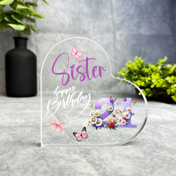 Sister 21st Purple Chamomile Floral Birthday Present Heart Plaque Keepsake Gift