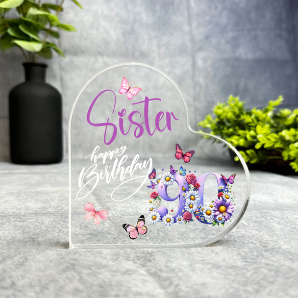 Sister 90th Birthday Present Purple Chamomile Floral Heart Plaque Keepsake Gift