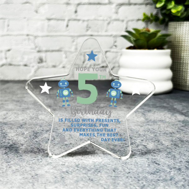 5th Birthday Present Boy Robot Open Birthday Present Star Plaque Keepsake Gift