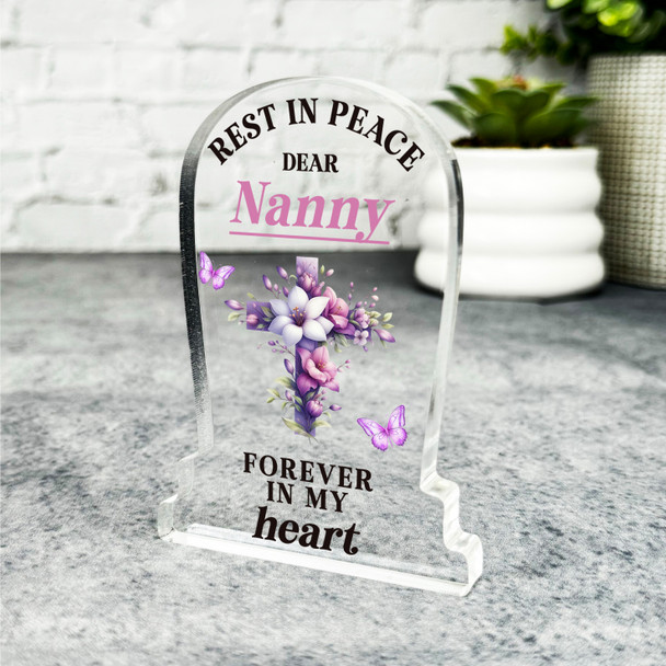 Nanny Purple Floral Cross Remembrance Memorial Gift Gravestone Keepsake Plaque