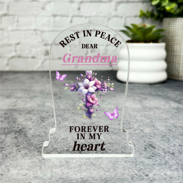 Grandma Purple Floral Cross Remembrance Memorial Gift Gravestone Keepsake Plaque