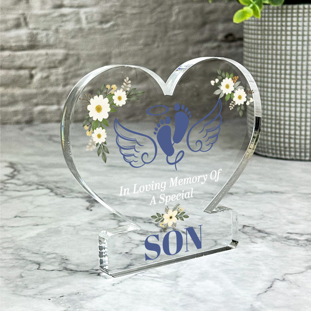 Son White Floral Blue Baby Feet Wings Baby Memorial Gift Heart Keepsake Plaque
