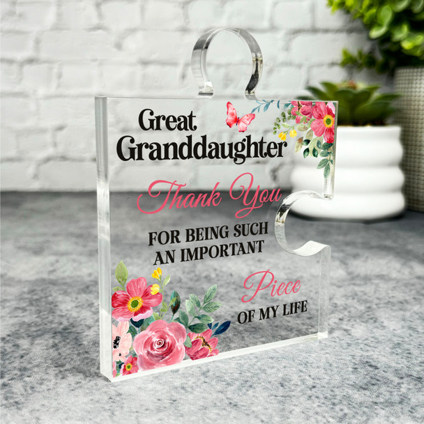 Gift For Great Granddaughter Thank You Red Floral Puzzle Piece Keepsake Plaque