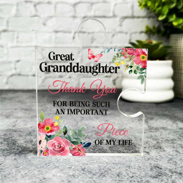 Gift For Great Granddaughter Thank You Red Floral Puzzle Piece Keepsake Plaque