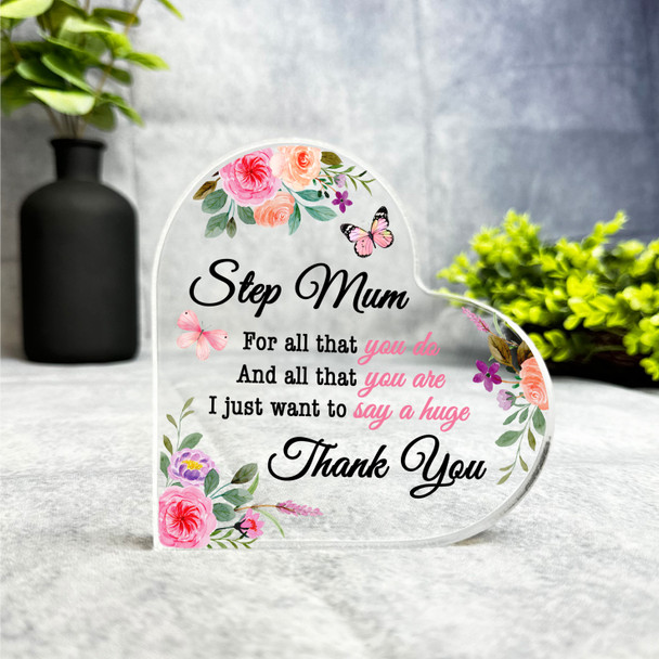 Gift For Step-Mum Thank You Floral Butterflies Side Heart Keepsake Plaque