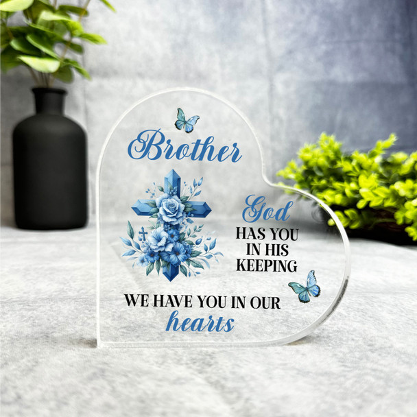 Brother Blue Floral Cross Memorial Heart Gift Side Heart Keepsake Plaque Present