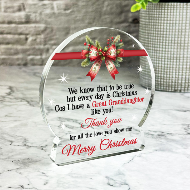 Gift For Great Granddaughter Christmas Red Bow Snowglobe Keepsake Plaque Decor