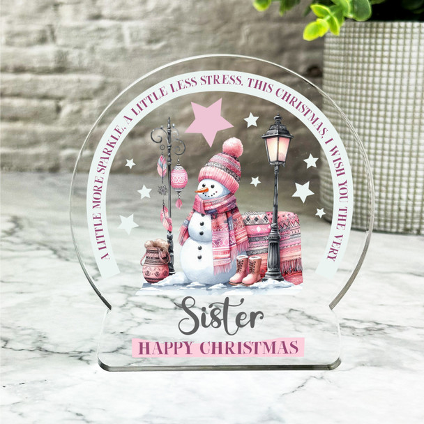 Gift For Sister Christmas Snowman Pink Sparkle Snowglobe Keepsake Plaque Decor