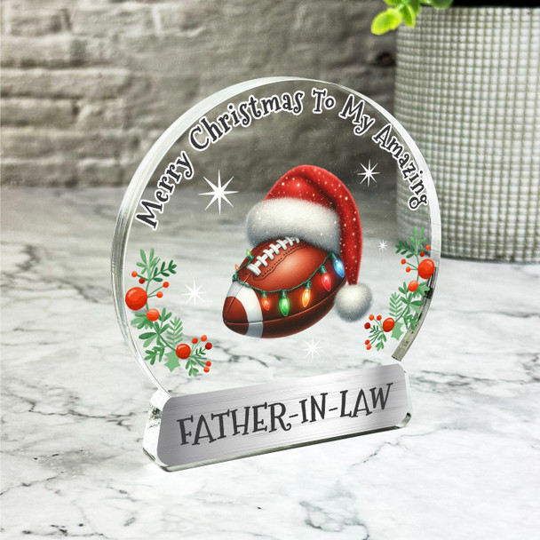 Gift For Father-In-Law Rugby Ball Christmas Lights Snowglobe Keepsake Plaque