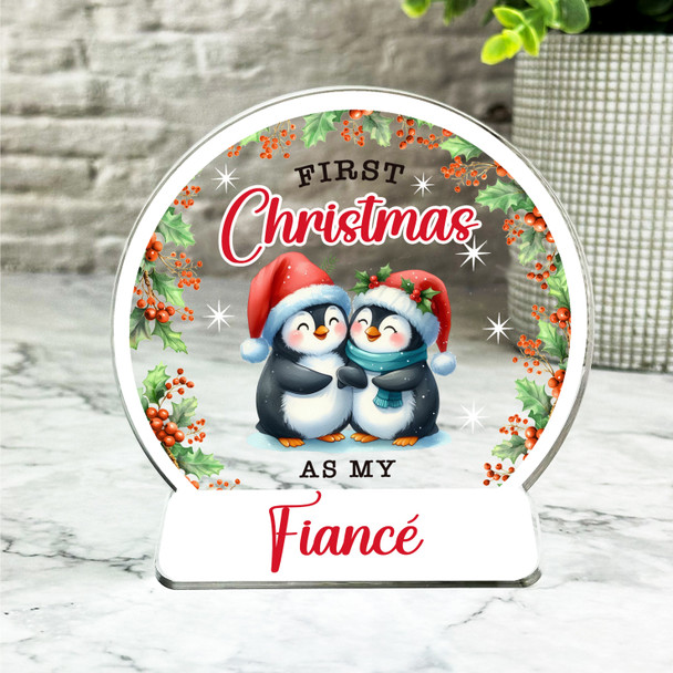 Gift For First Christmas As Fiancé Penguin Couple Snowglobe Keepsake Plaque