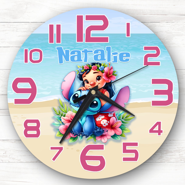 Lilo & Stitch Beach Pink Personalised Gift For Kid's Bedroom Clock
