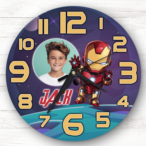 Superhero Iron Man Photo Personalised Gift For Kid's Bedroom Clock