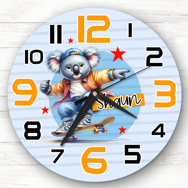 Boys Koala Bear Skateboarding Personalised Gift For Kid's Bedroom Clock