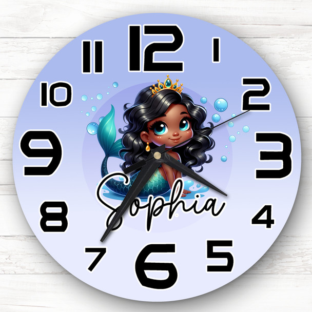 Dark Skin Mermaid Personalised Gift For Kid's Bedroom Clock Dark Skin Mermaid Personalised Gift For Kid's Bedroom Clock