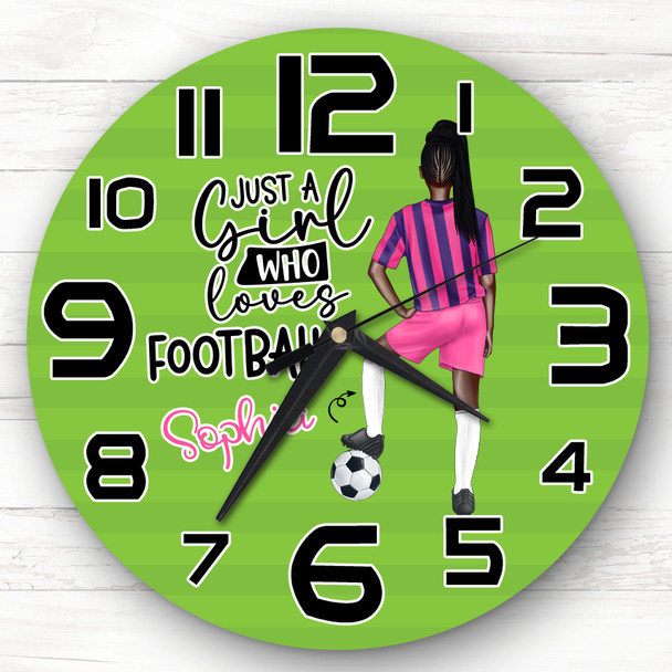 Girls Football Braid Dark Skin Personalised Gift For Kid's Bedroom Clock