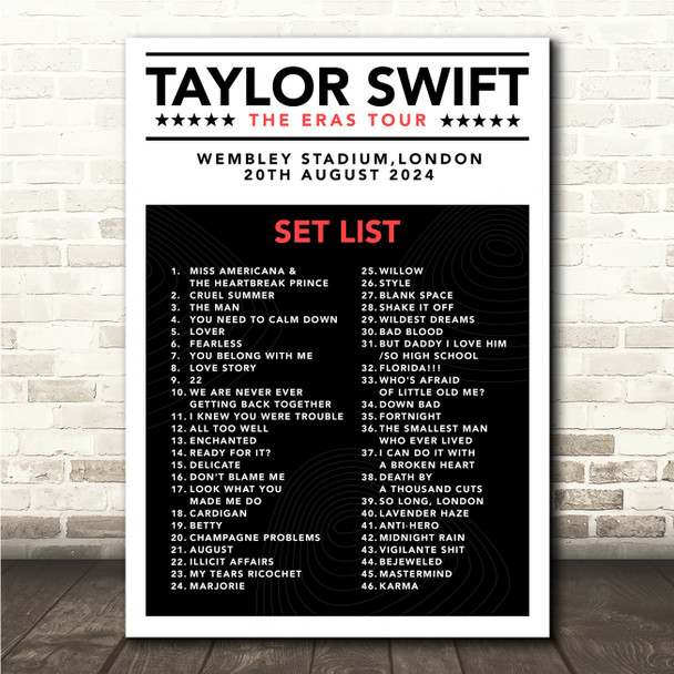 Concert Setlist Poster Print Canvas Black White Red - Any Artist, Date, Gig, Venue