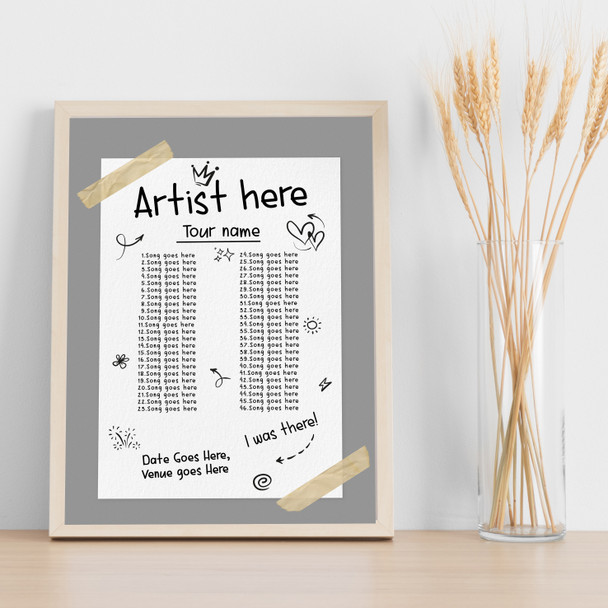 Concert Setlist Poster Print Canvas Grey Doodle - Any Artist, Date, Gig, Venue