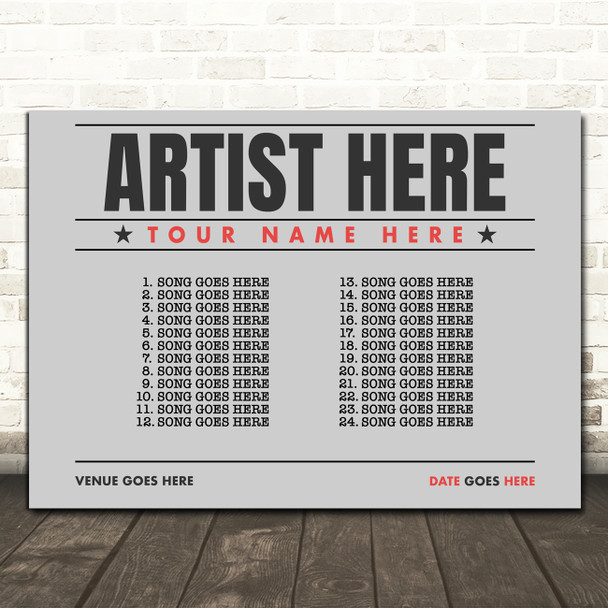 Concert Setlist Poster Print Canvas Grey Landscape - Any Artist, Date, Gig, Venue