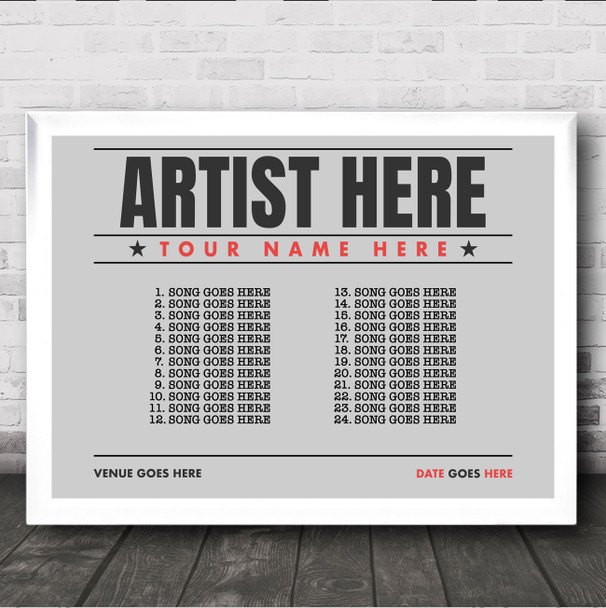 Concert Setlist Poster Print Canvas Grey Landscape - Any Artist, Date, Gig, Venue