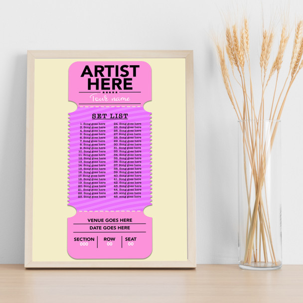 Concert Setlist Poster Print Canvas Pink Ticket - Any Artist, Date, Gig, Venue
