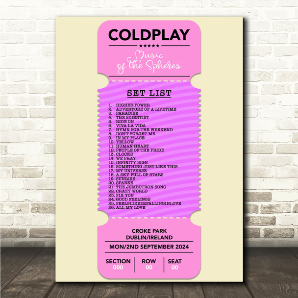 Concert Setlist Poster Print Canvas Pink Ticket - Any Artist, Date, Gig, Venue