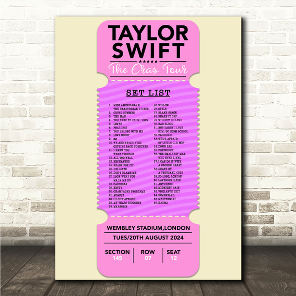 Concert Setlist Poster Print Canvas Pink Ticket - Any Artist, Date, Gig, Venue