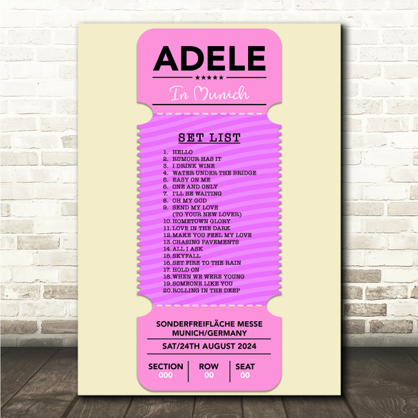 Concert Setlist Poster Print Canvas Pink Ticket - Any Artist, Date, Gig, Venue