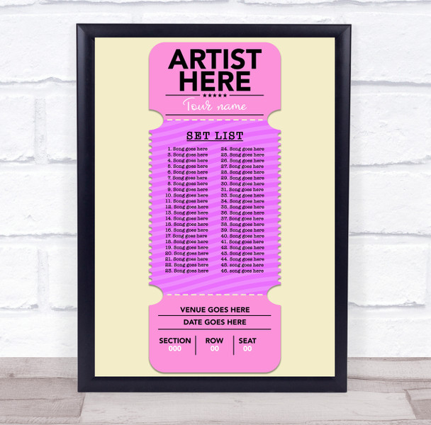 Concert Setlist Poster Print Canvas Pink Ticket - Any Artist, Date, Gig, Venue