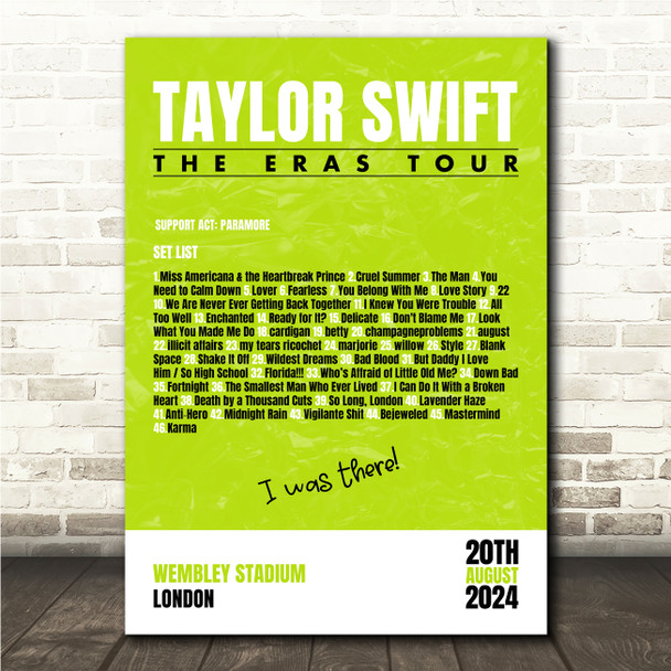 Concert Setlist Poster Print Canvas Bright Green - Any Artist, Date, Gig, Venue