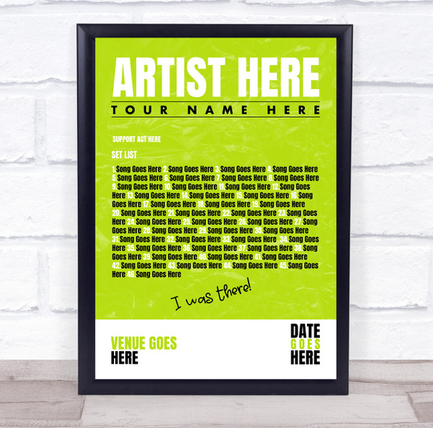 Concert Setlist Poster Print Canvas Bright Green - Any Artist, Date, Gig, Venue
