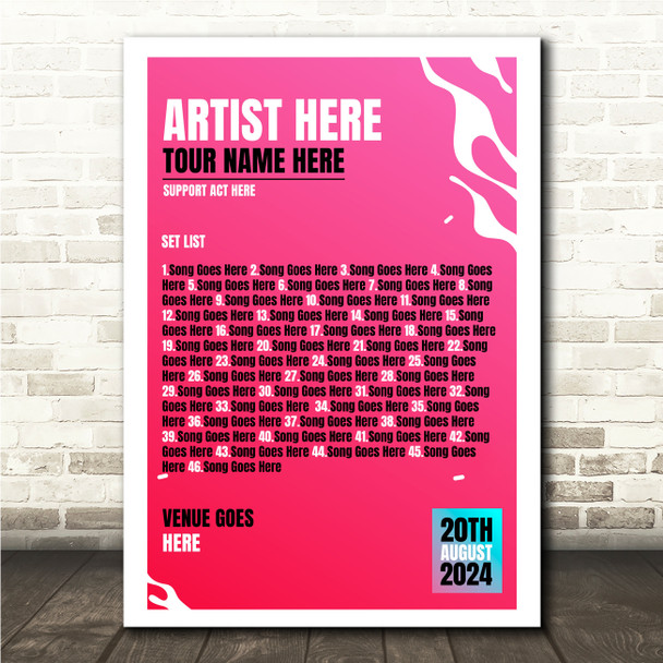Concert Setlist Poster Print Canvas Bright Pink - Any Artist, Date, Gig, Venue